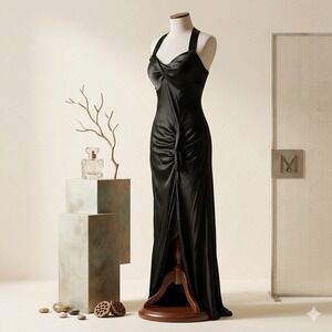 Shaina June Maxi Gown M Silk Black Ruched Cross Back Formal Dark Fary Whimsigoth